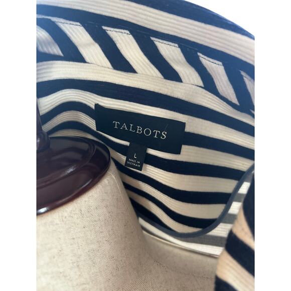 Talbots Navy White Stripe Stretch Knit Blazer Jacket Sz Large Coastal Nautical - Picture 4 of 10